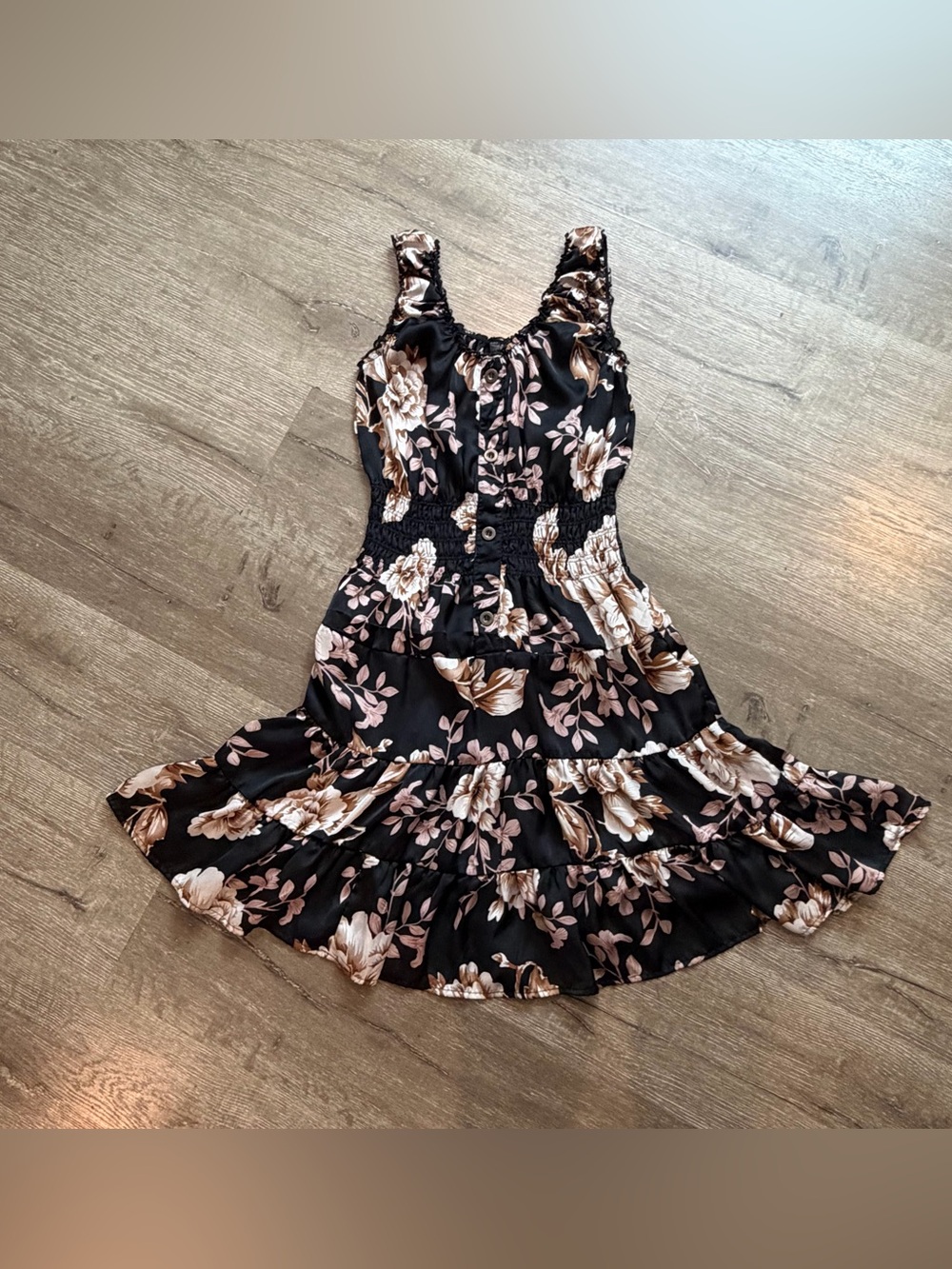Lapis Black Mini Dress with Cream & Taupe Floral Print Sz Sm